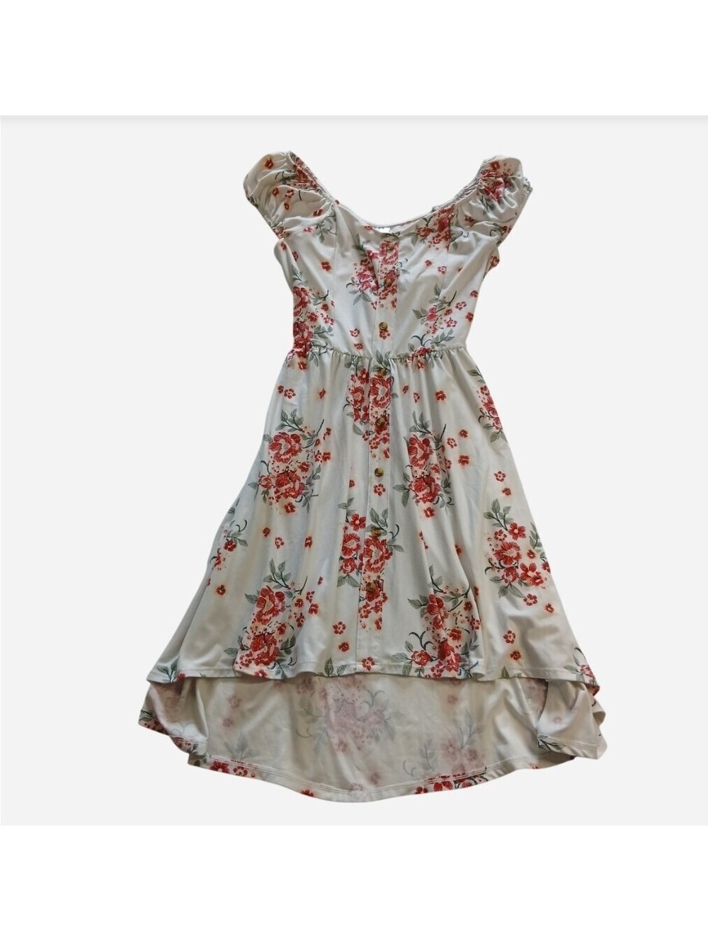 No Boundaries Floral High Low Dress White Red Cap Sleeve Button Front Size M